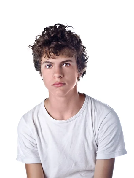 Bonito adolescente menino retrato no branco fundo — Fotografia de Stock