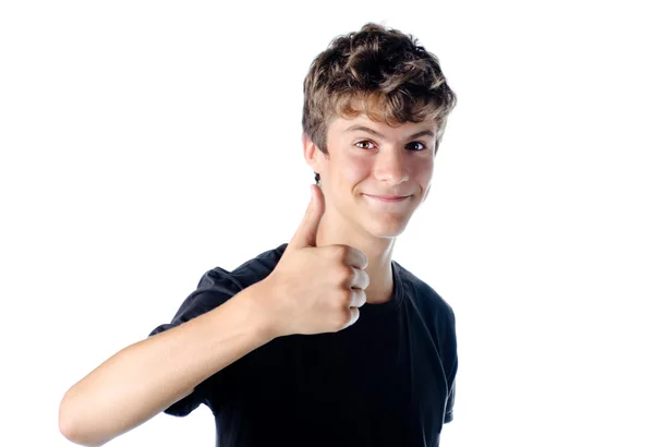 十几岁的男孩做标志大拇指一样好 — 图库照片