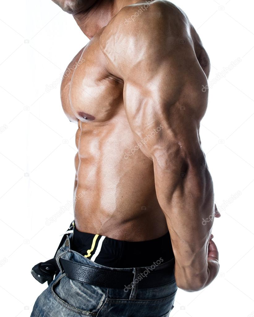 Detail Of Bodybuilder Torso Abs Pecs Tricep And Arm Stock Photo By