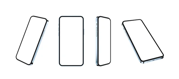 Gerçekçi telefon modeli, beyaz arka planda izole edilmiş mavi cam cep telefonu, farklı üç boyutlu akıllı telefonlar.