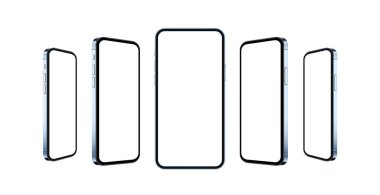 Üç boyutlu akıllı telefon modeli beyaz beyaz ekran ile izole edildi. Mavi gerçekçi cep telefonu şablonu.