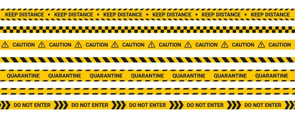 Quarantine tape, keep distance warning stripes. Caution tape in flat style. — Stock Vector