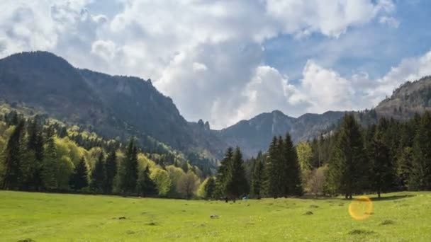 Green valley between mountains in the spring — Stock Video