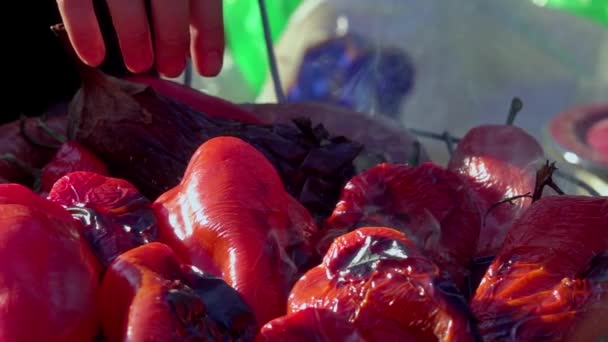 Świeżo Krojone Marynowane Warzywa Kiełbaski Grillu Pieczone Nad Grillem Węglem — Wideo stockowe