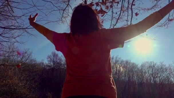 秋の森の中で女が葉を空中に投げ込む スローモーション — ストック動画
