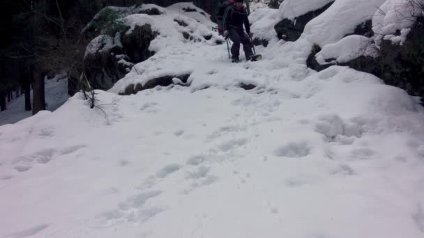 Dağcı Adam Buz Baltasıyla Karlı Bir Yamaca Tırmanıyor Kazma Kramponlar — Stok video