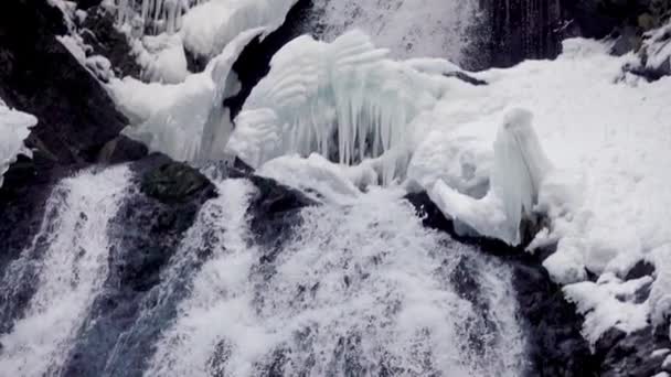 Inverno Cascata Tempo Lapse Con Cadute Ghiaccioli Rallentatore — Video Stock