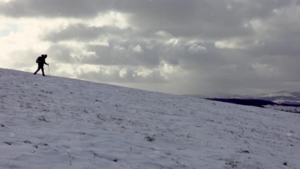 Uomo Che Cammina Nella Bufera Neve Trekking Invernale Freddo Maschio — Video Stock