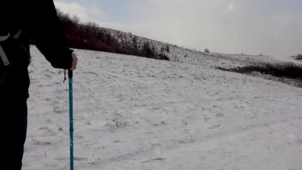 在暴风雪中远足的人 寒冬旅行 走着的男人万人山 — 图库视频影像