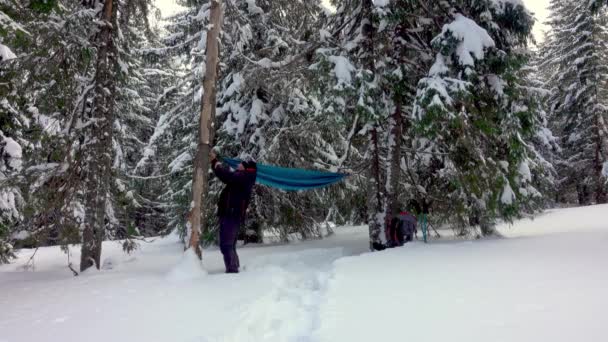 在冬天的森林里 穿着雪鞋的徒步旅行者在树下架起了吊床 下雪了冬季露营 — 图库视频影像