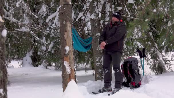Turista Sněžnicemi Leží Houpací Síti Pod Stromy Zimním Lese Padá — Stock video