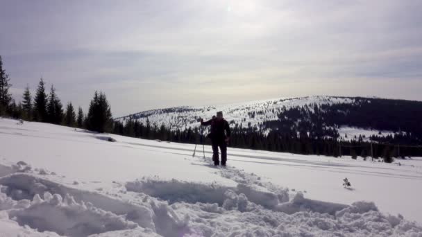 Caminhante Procurando Sinal Telefone Celular Área Remota Montanha Floresta Inverno — Vídeo de Stock