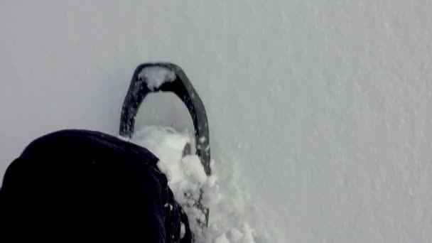 Пішохід Снігоходами Ходить Глибоким Снігом — стокове відео