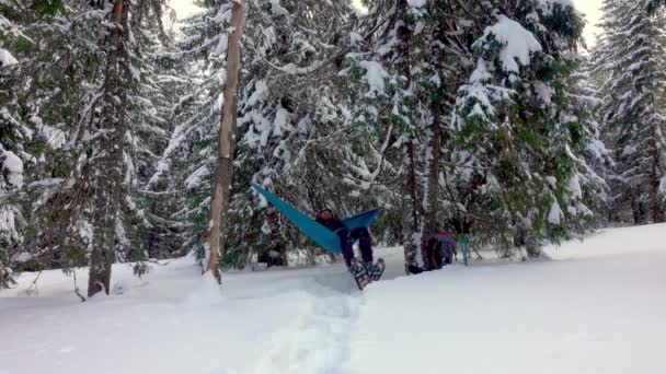 Pěší Turistka Sněžnicemi Zakládají Houpací Síť Pod Stromy Zimních Horách — Stock video