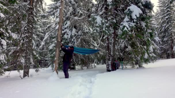 冬の山の中で木の下にハンモックを設置スノーシューでハイカー 雪が降ってる 冬のキャンプ — ストック動画
