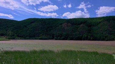 Landscape of a lake shore with low water due to drought