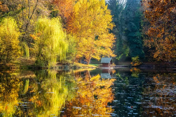 湖の反射と秋の景色 リプニク公園 ルセ地域 ブルガリア — ストック写真