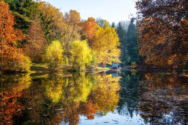 湖の反射と秋の景色 リプニク公園 ルセ地域 ブルガリア — ストック写真