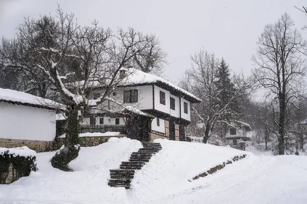 Niesamowity Widok Spokojnego Zimowego Poranka Śniegiem Padającym Nad Starymi Pięknymi — Zdjęcie stockowe