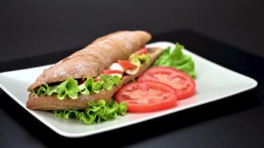 Lezzetli vejetaryen caprese sandviçi videosunu koyu arkaplanda bir tabakta kapat