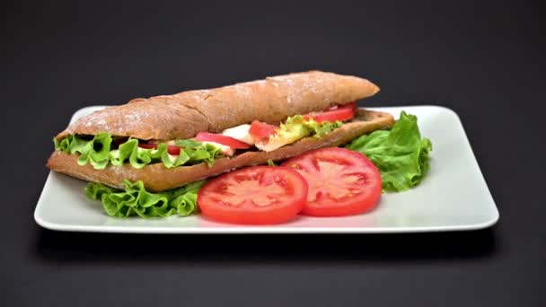 Close Video Tasty Vegetarian Caprese Panini Sandwich Plate Dark Background — Stock Video