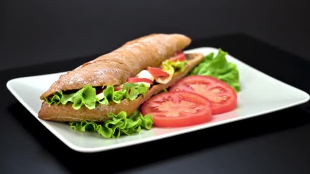 Закройте Видео Вкусного Вегетарианского Бутерброда Панини Тарелке Темном Фоне — стоковое видео