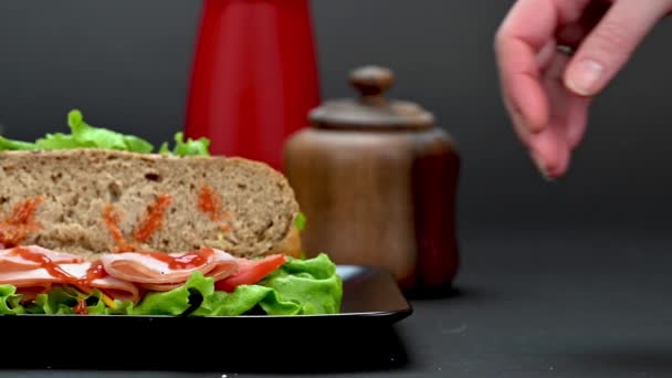 Video Woman Hand Preparing Tasty Sandwiches Ham Cheese Vegetables Black — Stock Video