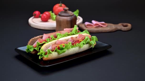 Still Life Tasty Sandwiches Black Plate Dark Background — Stock Video