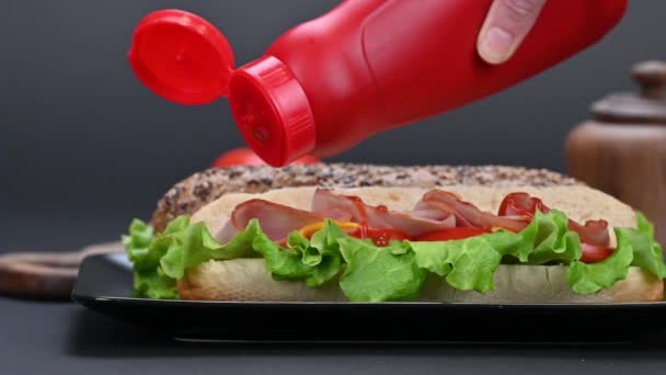 Video mit Frauenhänden, die mit Ketchup leckere Sandwiches mit Schinken, Käse und Gemüse in schwarzen Teller gießen, Nahaufnahme