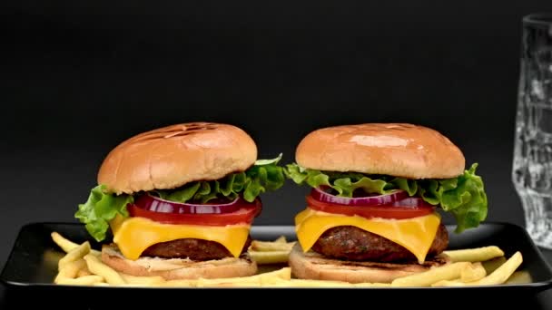 Pair Tasty Homemade Beef Burgers Fresh Ingredients French Potatoes Black — Stock Video