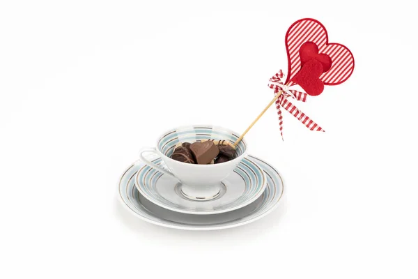 Caramelle Cioccolato Una Tazza Porcellana Vintage San Valentino Sfondo Bianco — Foto Stock
