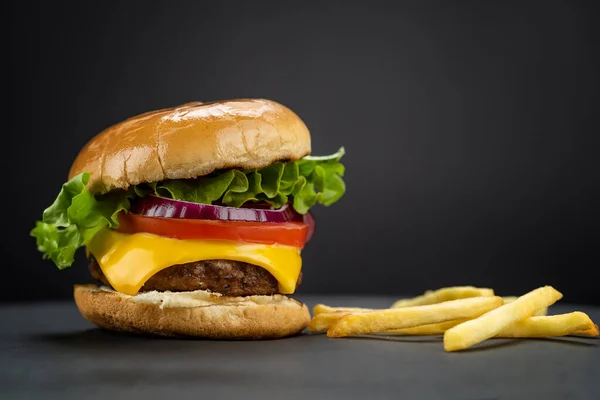 Tasty Homemade Beef Burger Fresh Ingredients French Fries Dark Background —  Fotos de Stock