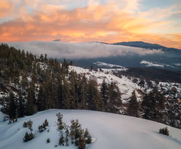 日の出にブルガリアのロドプスの雪の山の斜面に忍び寄る霧と美しい風景 — ストック写真