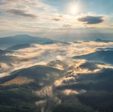 Ağaçlarla kaplı dağ yamaçlarında süzülen güzel alçak bulutların muhteşem hava manzarası, Bulgaristan 'da güneş doğarken Rodoplar