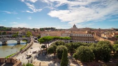 Hyper lapse video of Rome Skyline with the famous Vatican St Peter Basilica and bridges above Tiber River in Rome, Italy. Aerial view from the terrace of Saint Angel castle.