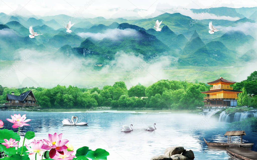 3d mural colorful wallpaper landscape. flowers and trees and lake water.sky and clouds with birds. Waterfall and mountains view. suitable for print on canvas