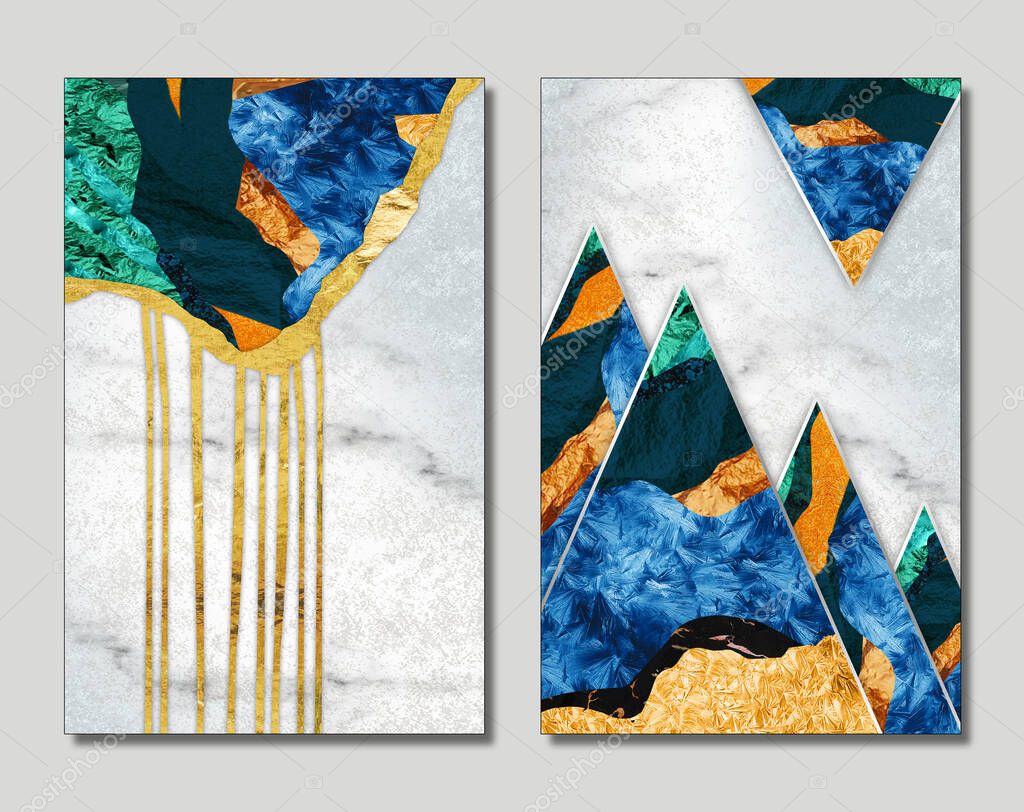 resin geode and abstract art, functional art, like watercolor geode painting .golden, blue, turquoise and white marble and golden triangles background3d wallpaper for wall frames. for print canvas