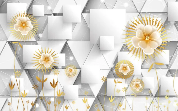 Illustratie Grijs Wit Behang Gouden Paardebloem Bloemen Vierkanten Vormen Voor — Stockfoto