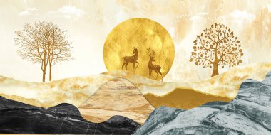 3D modern tuval resim duvar kağıdı kahverengi ağaçlar ve mermer arka plan. Altın geyik, noel ağacı, altın ve siyah dağlar, geyikli güneş. Duvarlarda çerçeve olarak kullanılabilir .