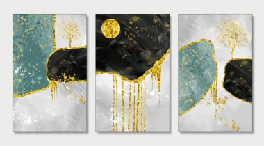 Duvar çerçeveleri için 3 boyutlu soyut duvar kağıdı. Reçine jeot ve mermer sanat, işlevsel sanat, suluboya jeot resim gibi. altın, siyah, turkuaz ve gri mermer arka planda ay, kuşlar ve ağaçlarla