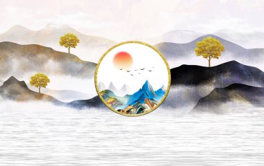 3D illüstrasyon duvar kağıdı. Altın, siyah ve gri dağlar ve arka planda ağaçlar. Gün batımı ve beyaz bulutlar. duvar evi dekorasyonu