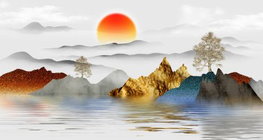 3D illüstrasyon duvar kağıdı. Altın, siyah ve gri dağlar ve arka planda ağaçlar. Gün batımı ve beyaz bulutlar. duvar evi dekorasyonu