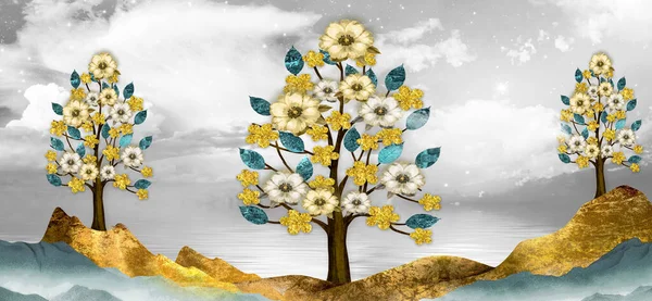 Ilustração Wallpaper Paisagem Art Brown Árvores Com Flores Douradas Montanhas — Fotografia de Stock