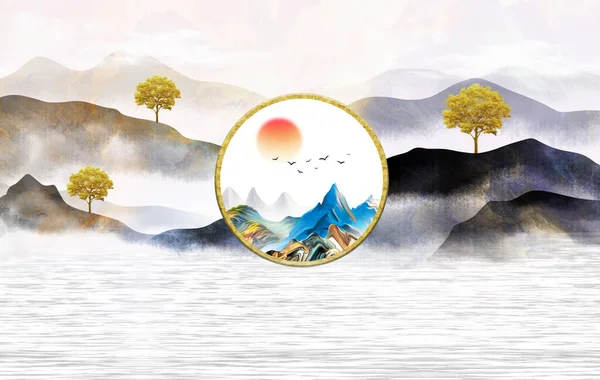 Ilustracja Mural Krajobraz Tapeta Golden Czarne Szare Góry Drzewa Jasnym — Zdjęcie stockowe