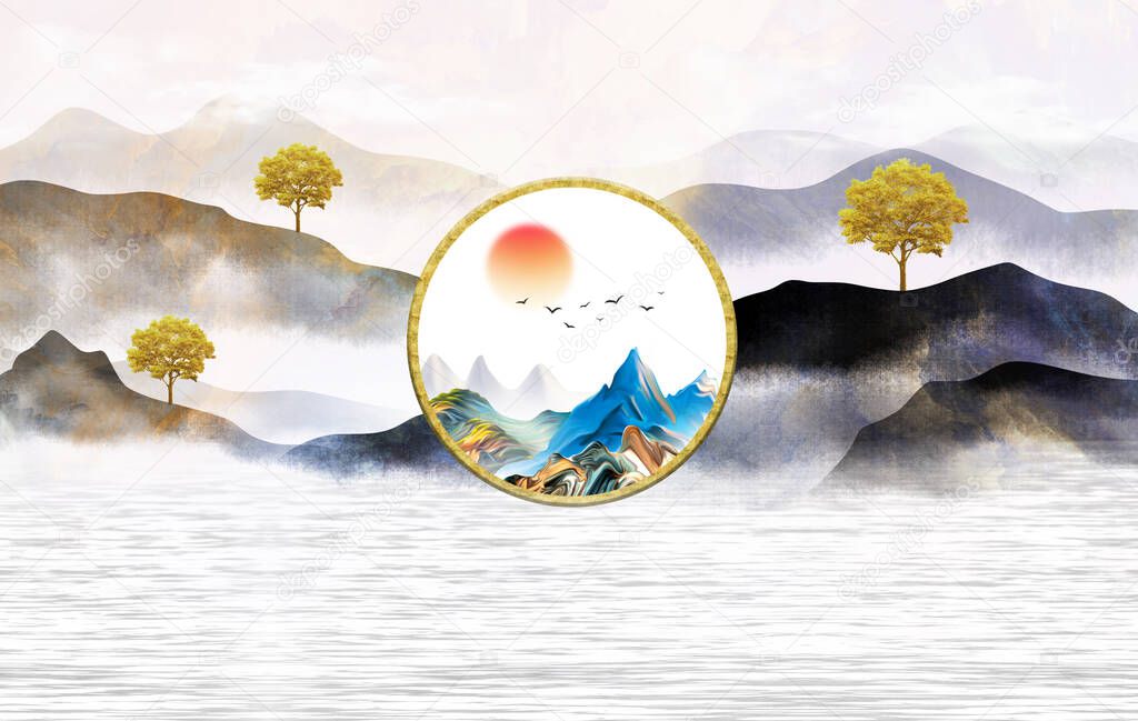 3d illustration mural landscape wallpaper.golden, black and gray mountains and trees in light background.sunset and white clouds. wall home decor
