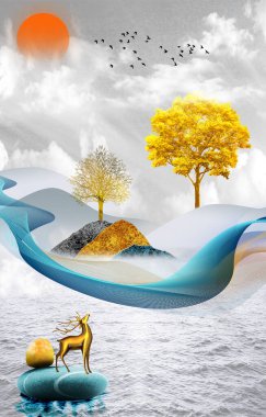3D Çin manzarası. Gri arka plan altın ağaç ve kuşlar, dağlar ve beyaz bulutlar ve turuncu güneş. Deerin taşı suyun içinde. tuval resim baskısı