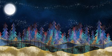 3D Modern Sanat Duvar Kağıdı manzarası koyu mavi orman, koyu mavi arka plan renkli Noel ağacı ve dağ. iç dekorasyon için