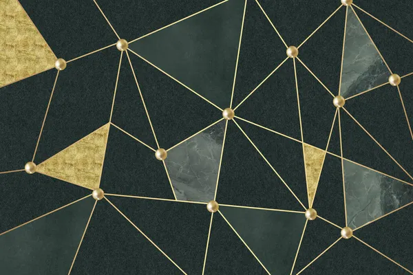 3d modern abstract wallpaper . Golden lineswith gary and golden shapes gold sphere and dark background .