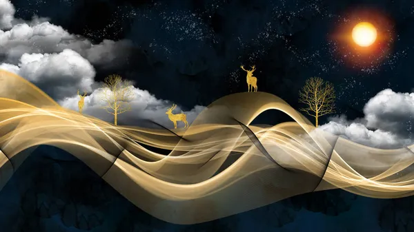 3d modern art mural wallpaper night landscape, white clouds with dark background. Golden christmas tree, mountain, golden deer, light moon golden and black waves. for wall decoration