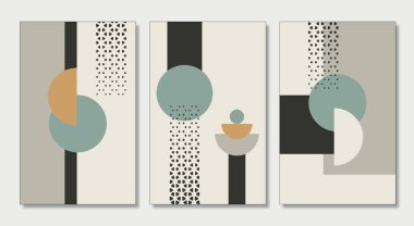 3D resimli duvar çerçeve bezi düz sanat. Renkli şekiller, daireler ve çizgiler, hafif arkaplanda minimalist tasarım.